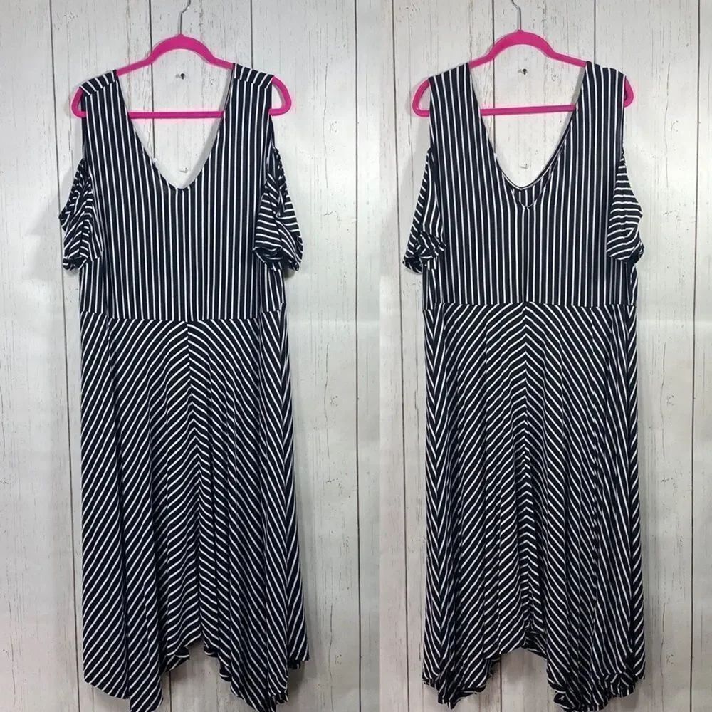 Lane Bryant Striped Cold Shoulder Midi Dress 26/28 Black White Coastal Resort